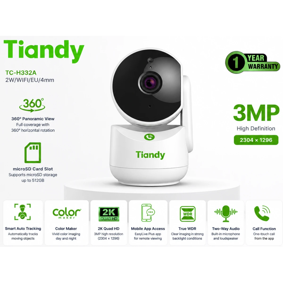 Tiandy TC-H332A 9DA-4 3MP Wi-Fi PT Indoor Security Camera with Auto Tracking