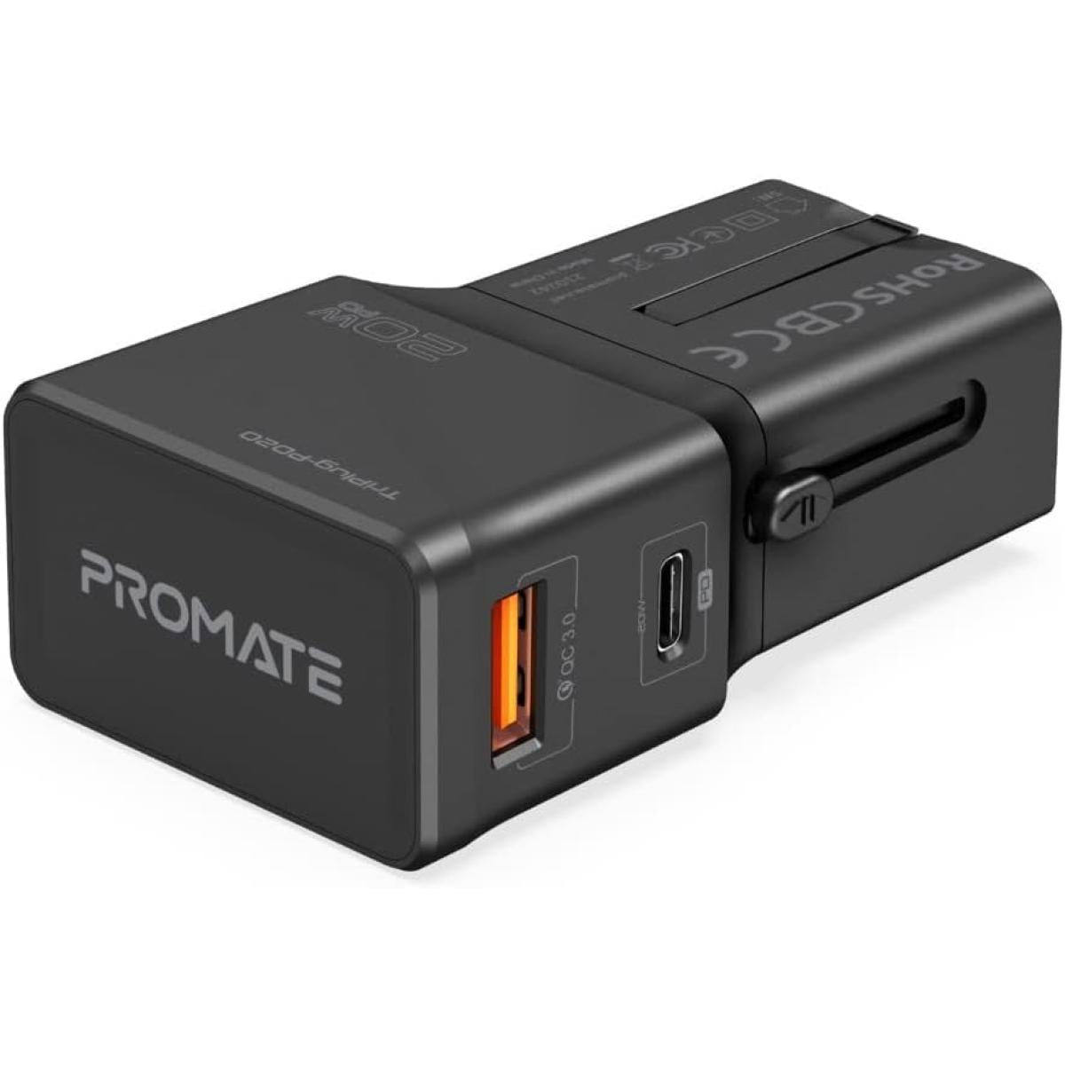Promate TriPlug-PD20 Universal Compa 20W Travel Adapter Fast Charge 3.0 US/UK/EU/AU Plug Stylish Sliding Design - Black