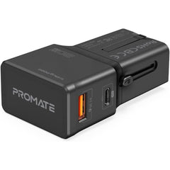 Promate TriPlug-PD20 Universal Compa 20W Travel Adapter Fast Charge 3.0 US/UK/EU/AU Plug Stylish Sliding Design - Black