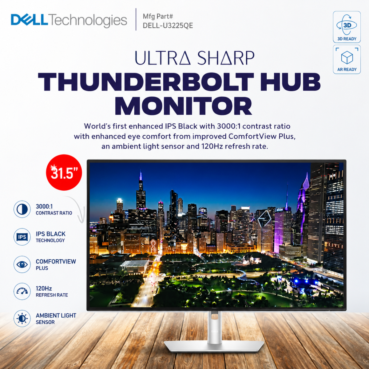 Dell UltraSharp 32 U3225QE Thunderbolt 4 Hub Monitor, 32" IPS Display, 4K UHD Resolution, 120Hz Refresh Rate, 5ms (GtG Fast) Response Time, Adjustable Stand, 1.07b Color Display | U3225QE