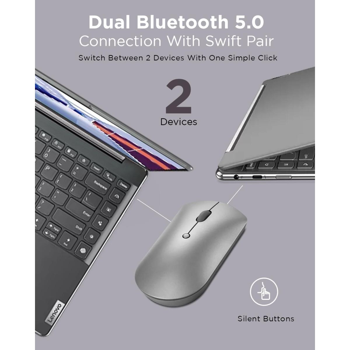 Lenovo 600 Bluetooth Silent Mouse, Blue Optical Sensor, Adjustable Dpi, 4 Button, Microsoft Swift Pair, Windows, Chrome, Gray Lenovo 600 Bluetooth Silent Mouse, Blue Optical Sensor, Adjustable Dpi, 4 Button, Microsoft Swift Pair, Windows, Chrome, Gray