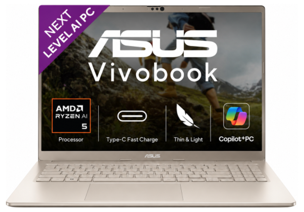 ASUS Vivobook 14 – AMD Ryzen AI 5 330 + Radeon Graphics, 16GB DDR5, 512GB PCIe 4.0 SSD, 14" FHD+ IPS Anti‑Glare, Wi‑Fi 6, Copilot Key, MIL‑STD 810H, Windows 11 Home - Platinum Gold