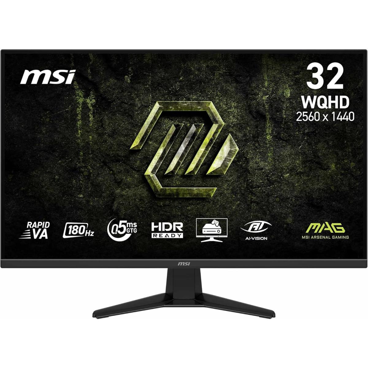 MSI MAG 325QF E18V Monitor, 32" Rapid VA Display, 2K WQHD Resolution, 180Hz Refresh Rate, 0.5ms (GtG) Response Time, Adaptive-Sync Technology, Black
