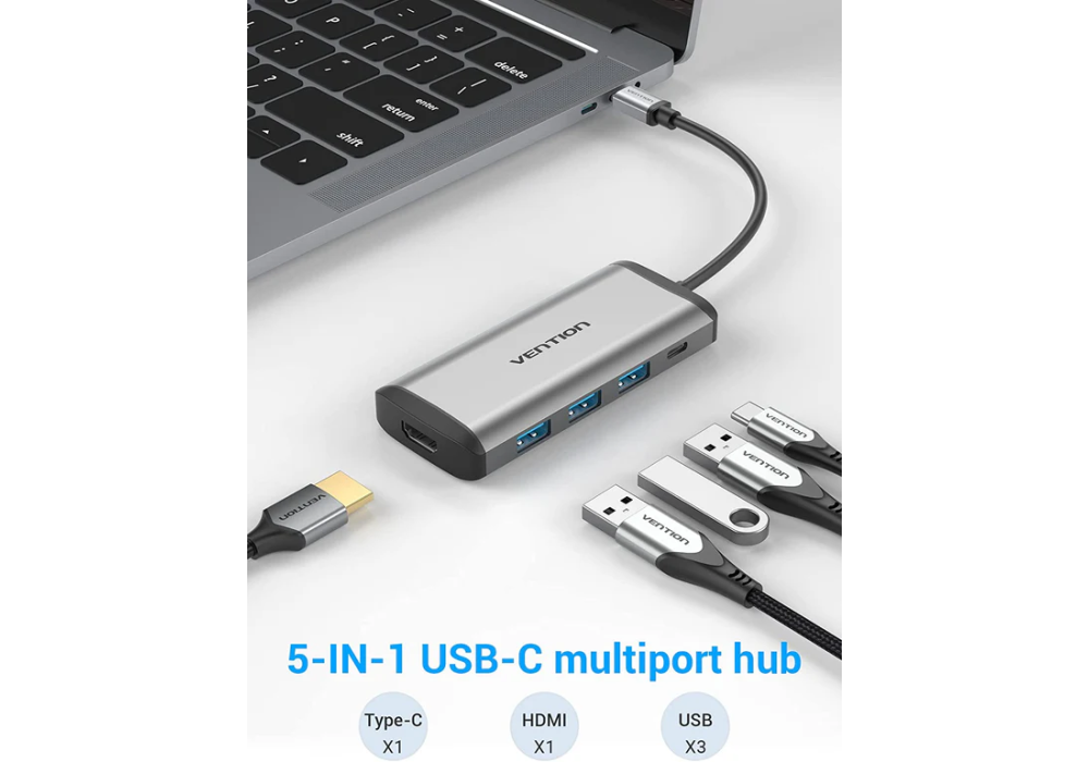 Vention Type‑C 5‑in‑1 Hub – HDMI 4K UHD, 3× USB 3.0, 100W PD Fast Charge, Compact Gray Metal Adapter