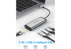 Vention Type‑C 5‑in‑1 Hub – HDMI 4K UHD, 3× USB 3.0, 100W PD Fast Charge, Compact Gray Metal Adapter