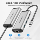 Vention Type‑C Hub – 3× USB 3.0, Gigabit Ethernet, USB‑C PD 87W, 0.15m Cable, Gray Metal Housing
