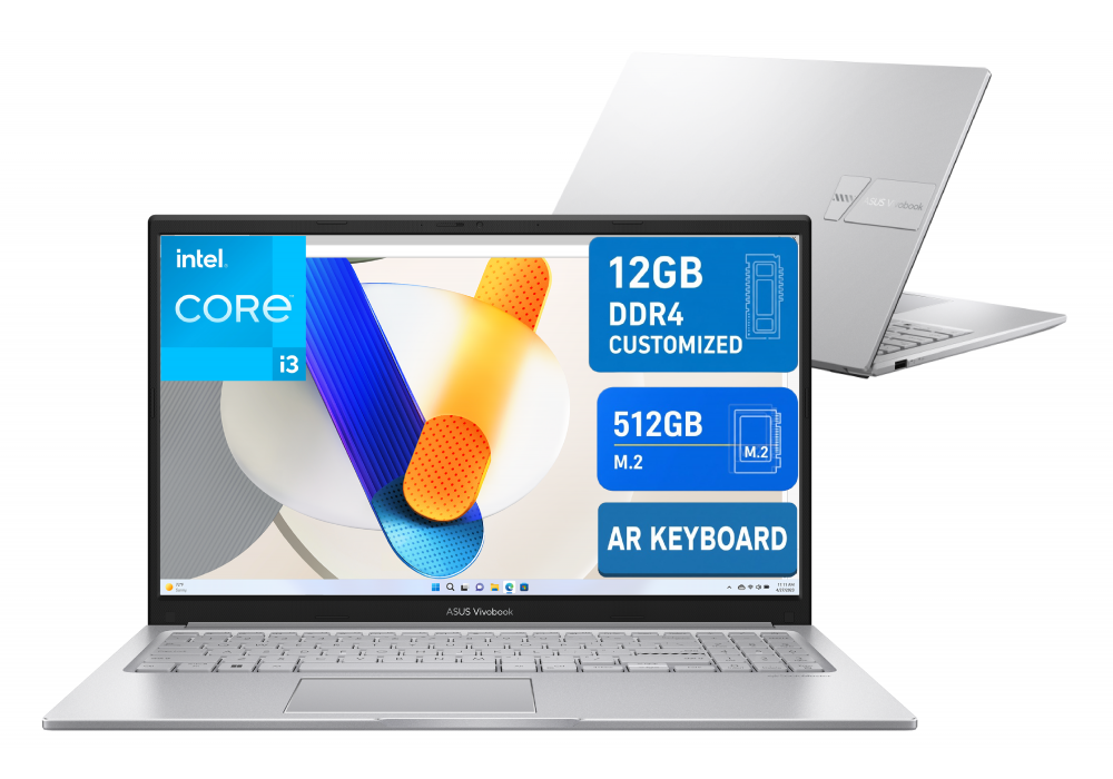 Laptop ASUS Vivobook 15 (X1504VA) |Intel® Core™ i3-1315U Processor, 12GB DDR4 (Customized), 512GB SSD | 13th Generation - Cool Silver
