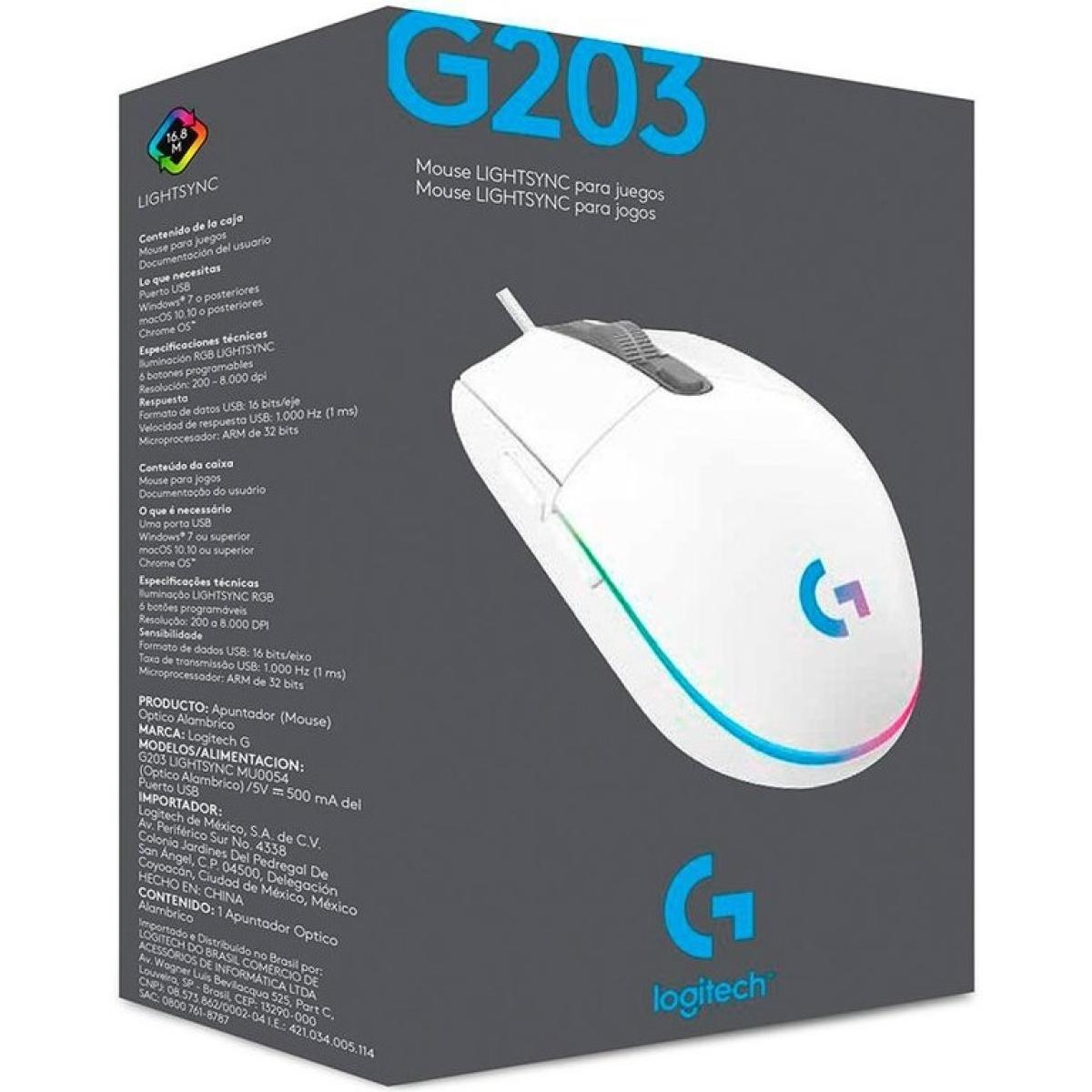 Logitech G203 Wired Gaming Mouse, 8,000 DPI, Rainbow Optical Effe LIGHTSYNC RGB, 6 Programmable Buttons, On-Board Memory, Screen Mapping, PC/Mac Computer and Laptop Compatible - White