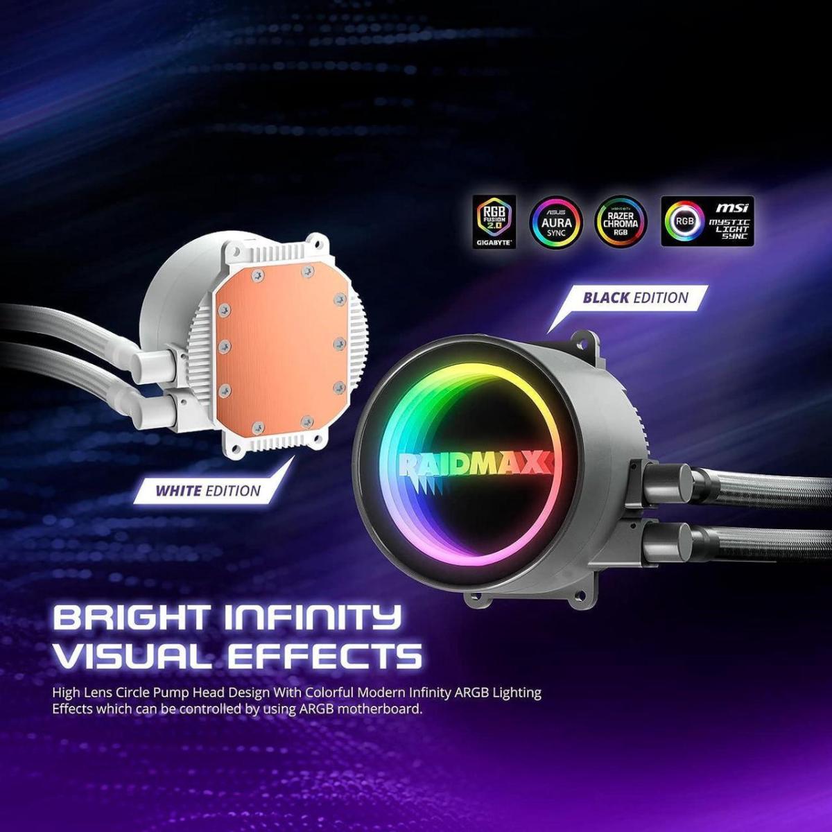 Raidmax Infinita LS240 AIO Water Cooling System 240mm ARGB/RGB Light PWM Compatible with Intel & AMD CPU Socket . Black Raidmax Infinita LS240 AIO Water Cooling System 240mm ARGB/RGB Light PWM Compatible with Intel & AMD CPU Socket . Black