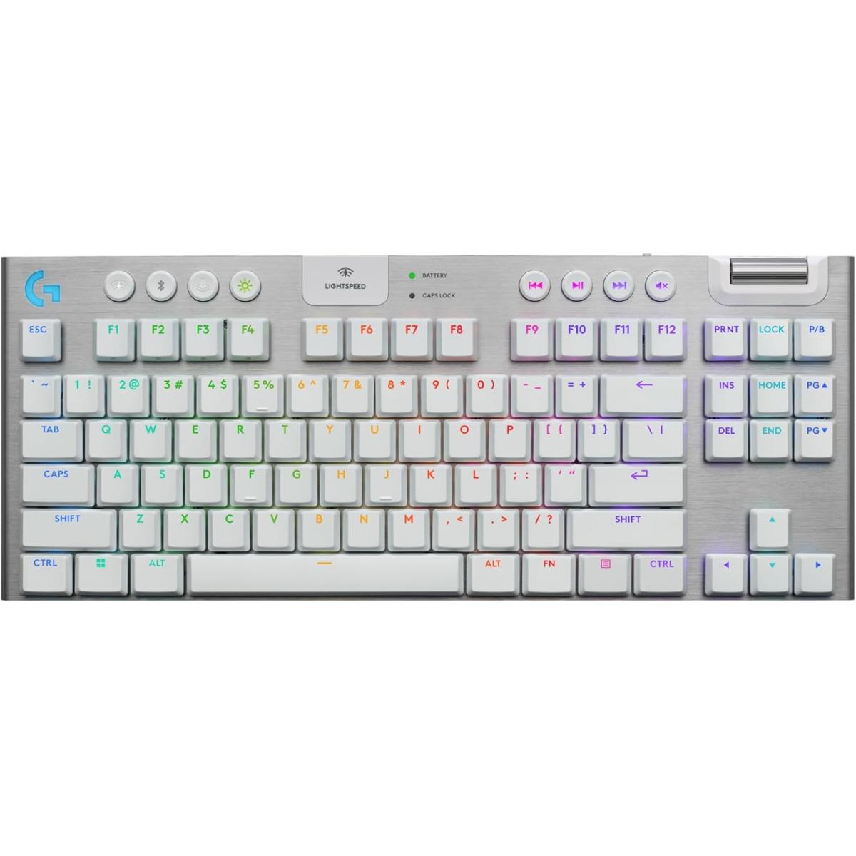 Logitech G915 X Lightspeed TKL Wireless Mechanical Gaming Keyboard, Double-Shot PBT Keycaps, Fully Programmable Keys, RGB Backlit Mac/PC Gaming Keyboards, Aluminum Finish, GL Clicky Switches, White
