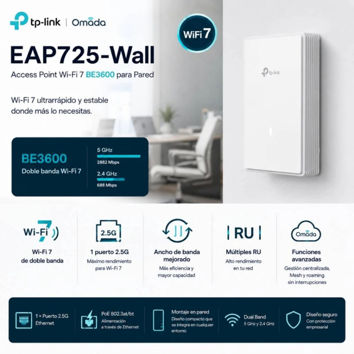 TP-Link Omada EAP725-Wall BE3600 Wall Plate Wi-Fi 7 Access Point, Dual-Band AXE Performance, 2.5G PoE Passthrough, Seamless Roaming, and Centralized Cloud Management, White