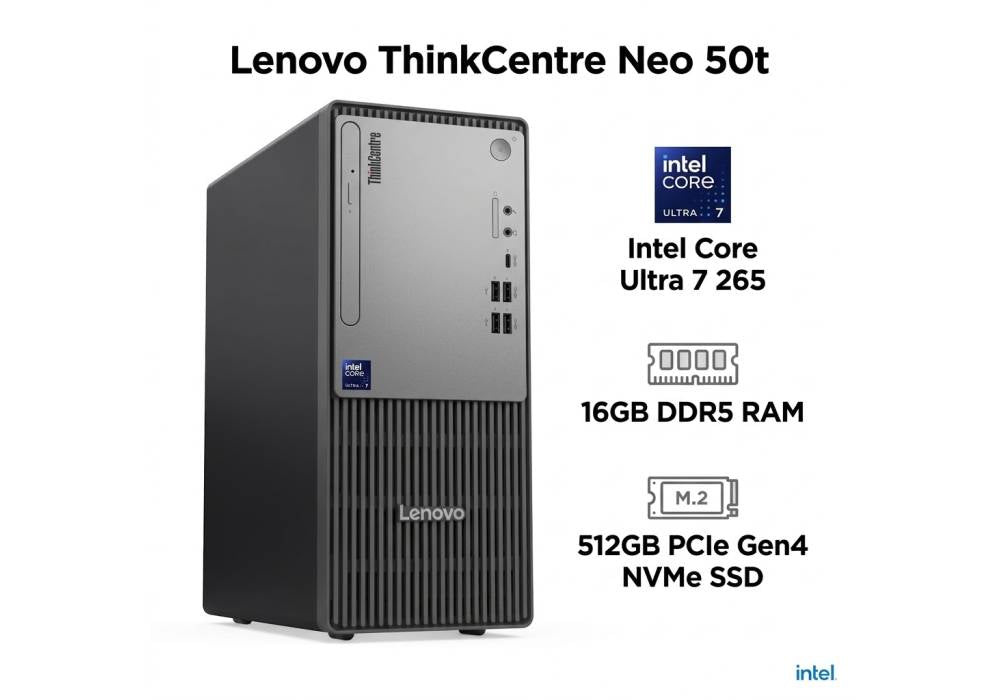 Lenovo ThinkCentre Neo 50t Gen 5 Tower (13BD001QEQ), Intel Core Ultra 7 265, 16GB DDR5 RAM, 512GB NVMe SSD, Wi-Fi 6, Black, 3 Year Warranty