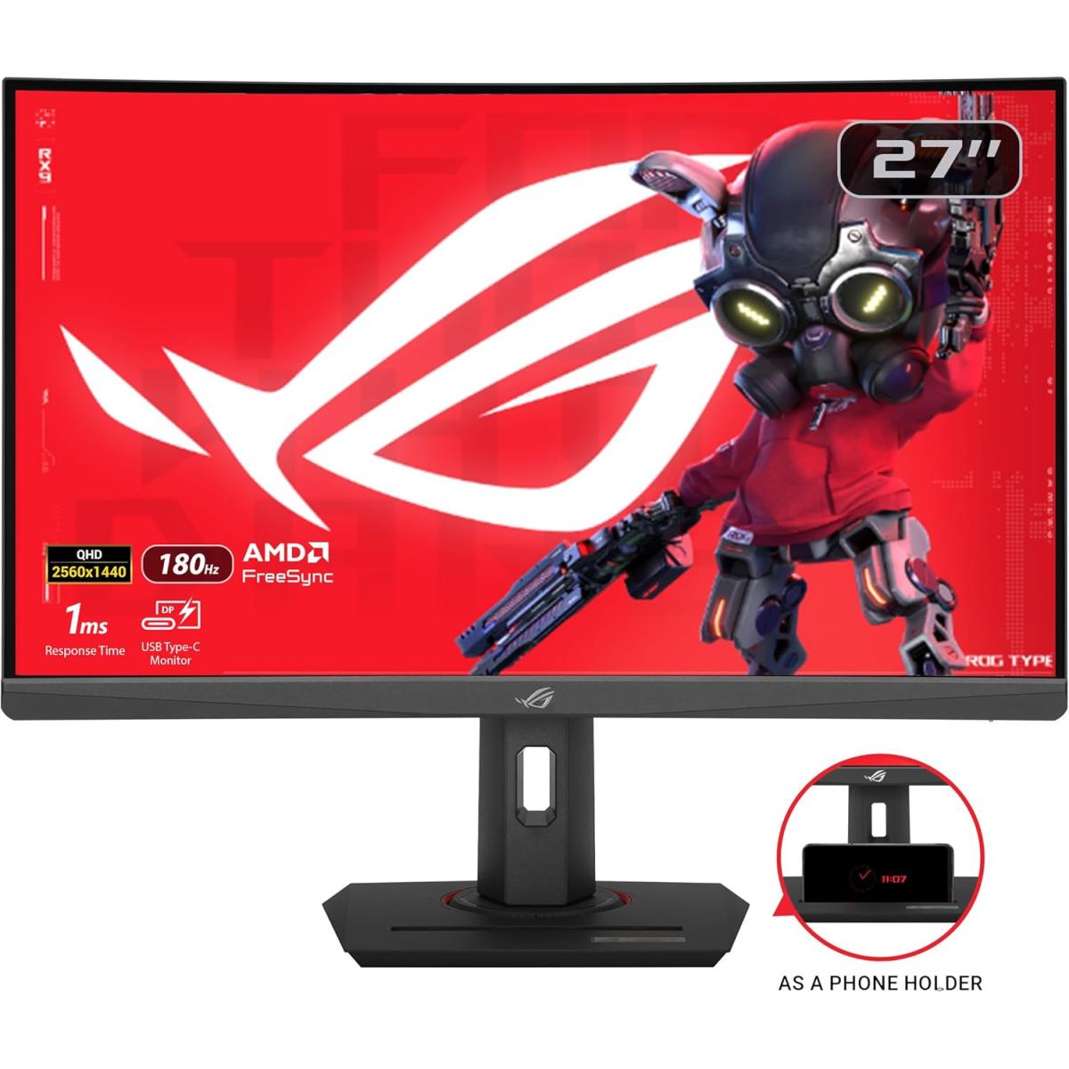 Asus Rog Strix Xg27wcs 27" Curved Qhd 2k Hdr 180hz 1ms Ai Powered Amd Freesync High Adjustable Stand W/ Usb Type C Black
