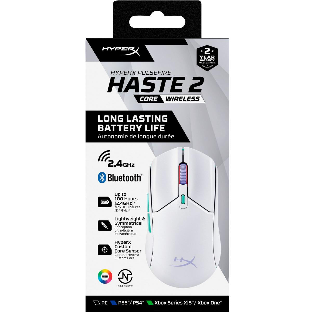 HyperX Pulsefire Haste 2 Core Wireless & Bluetooth Lightweight 59G Long Battery Life Up to 100 hours Long Battery Life Custom Core Sensor - White