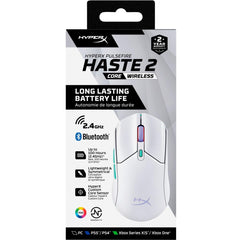 Hyperx Pulsefire Haste 2 Core Wireless & Bluetooth Lightweight 59g Long Battery Life Up To 100 Hours Long Battery Life Custom Core Sensor White