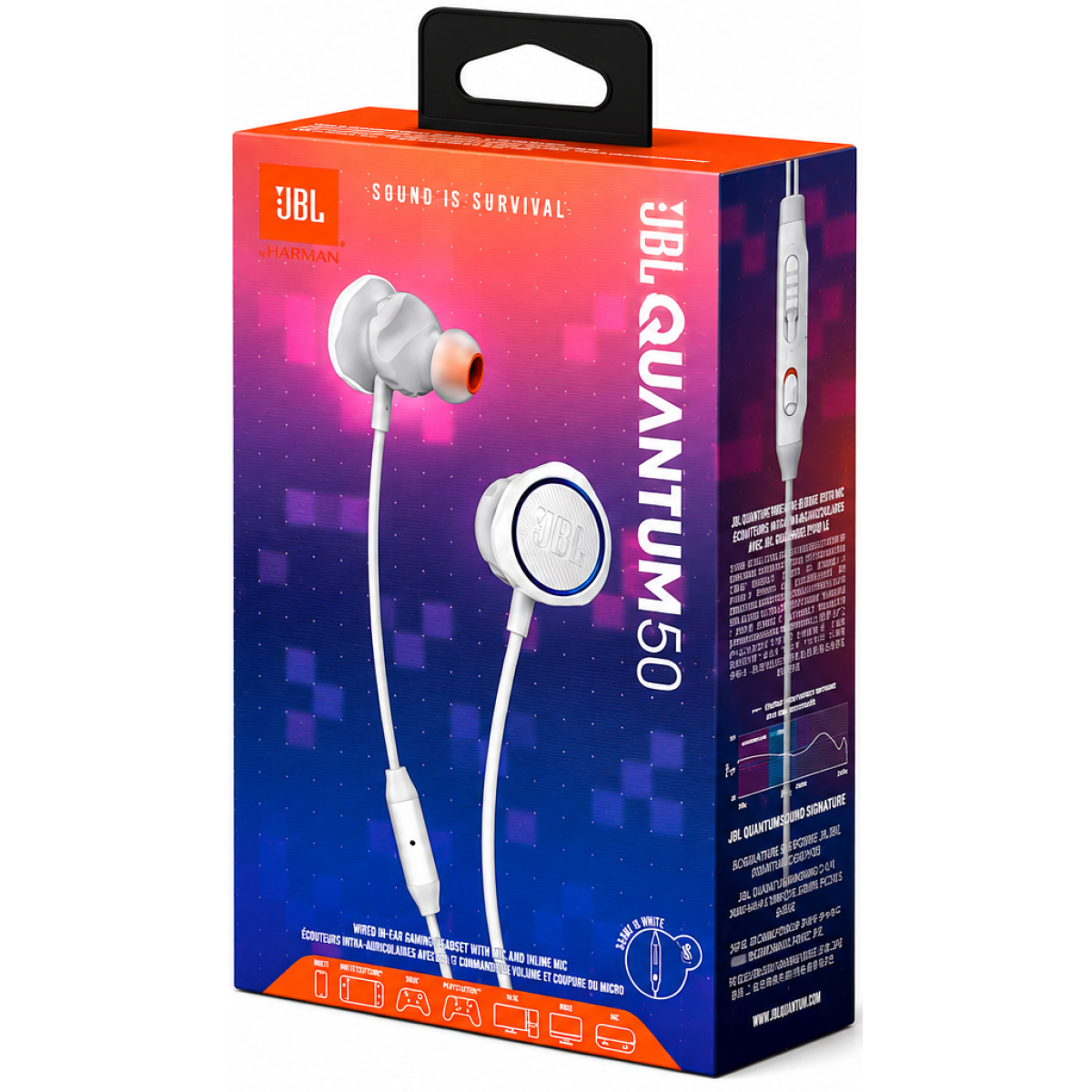 JBL Quantum 50 Wired In-Ear w/ Volume Slider, Mic Mute, Inline Voice-Focus Mic, Realistic Soundstage, Twistlock Technology, Ultra-Soft Silicon, PC and Consoles Compatible - White