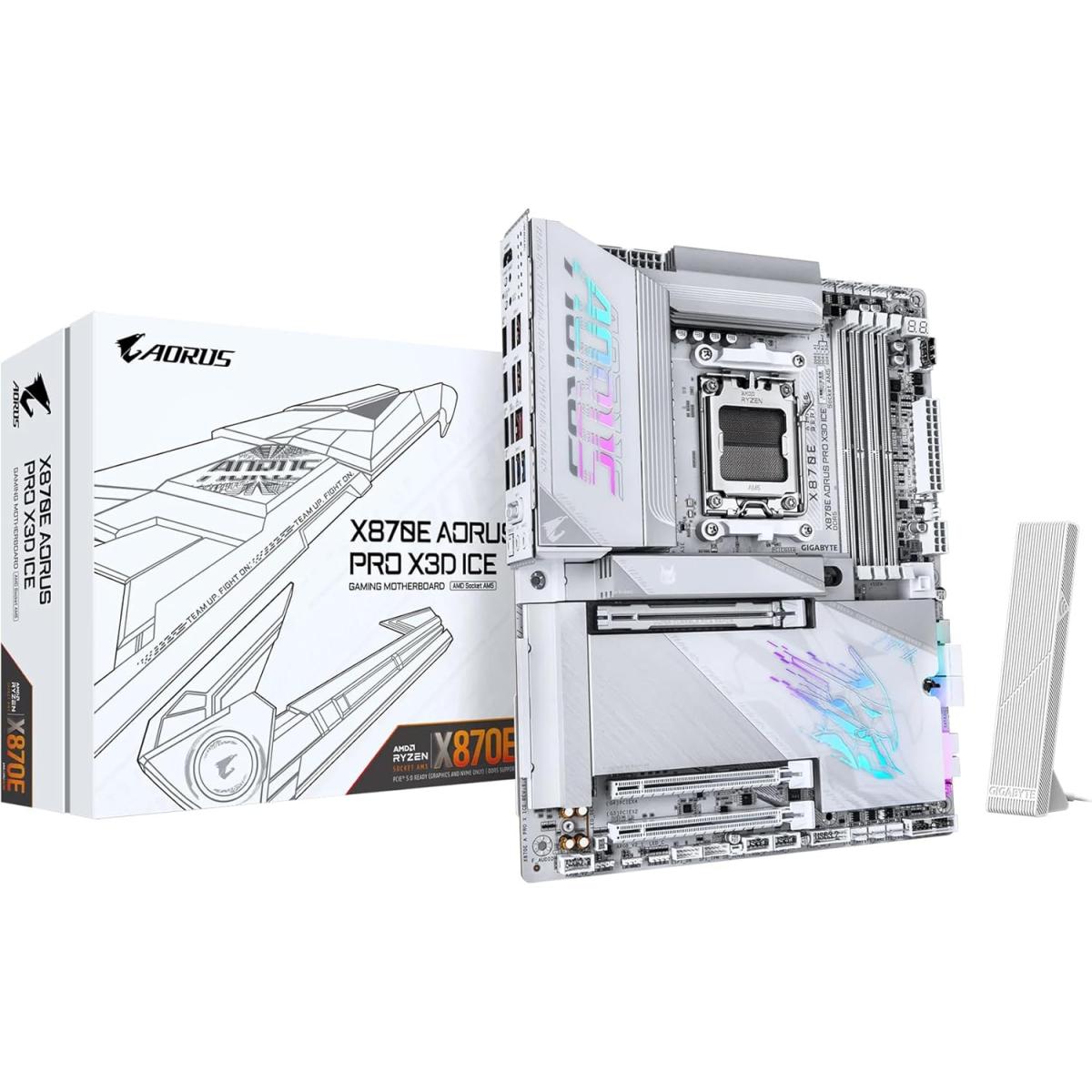 GIGABYTE X870E AORUS PRO X3D ICE ATX AM5 Motherboard, AMD X870E Chipset, 4x DDR5 DIMM Slots, Up to 256GB Max Memory, 1x PCIe 5.0 x16 with PCIe UD Slots, 4x M.2 Slots