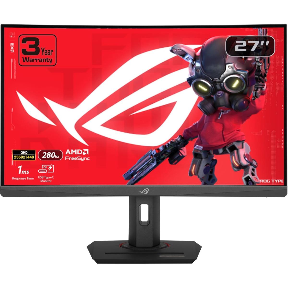 ASUS ROG Strix XG27WCMS 27" Curved QHD 2K HDR 280Hz 1ms AI-Powered AMD FreeSync High Adjustable Stand w/ USB Type-C - Black
