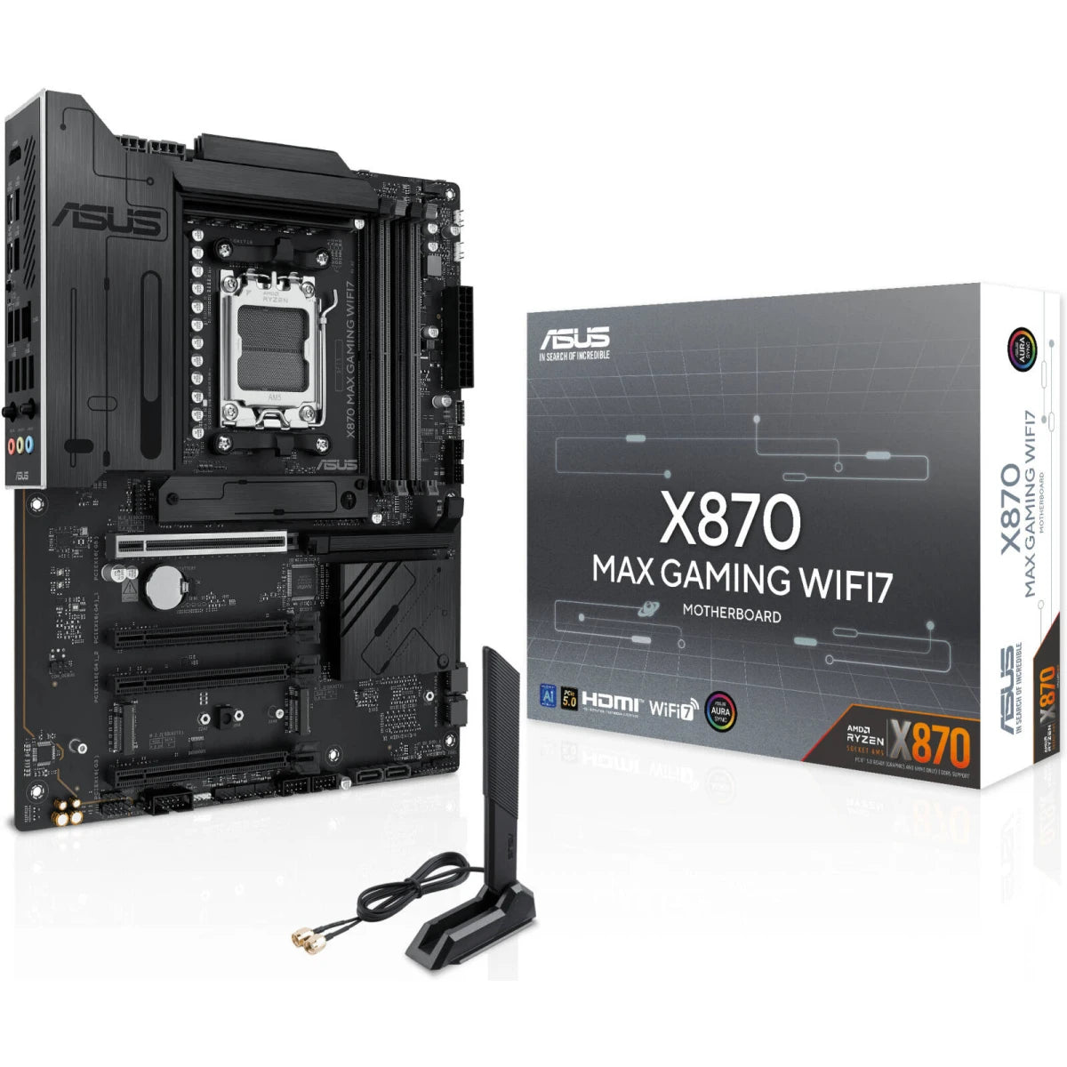 ASUS X870 MAX GAMING WIFI7 W AM5 ATX Motherboard, AMD X870 Chipset, 4x DDR5 DIMM Slots, Up to 256GB Max Memory, 1x PCIe 5.0 x16, 3x M.2 Slots, Wi-Fi 7 & Bluetooth v5.4, Black