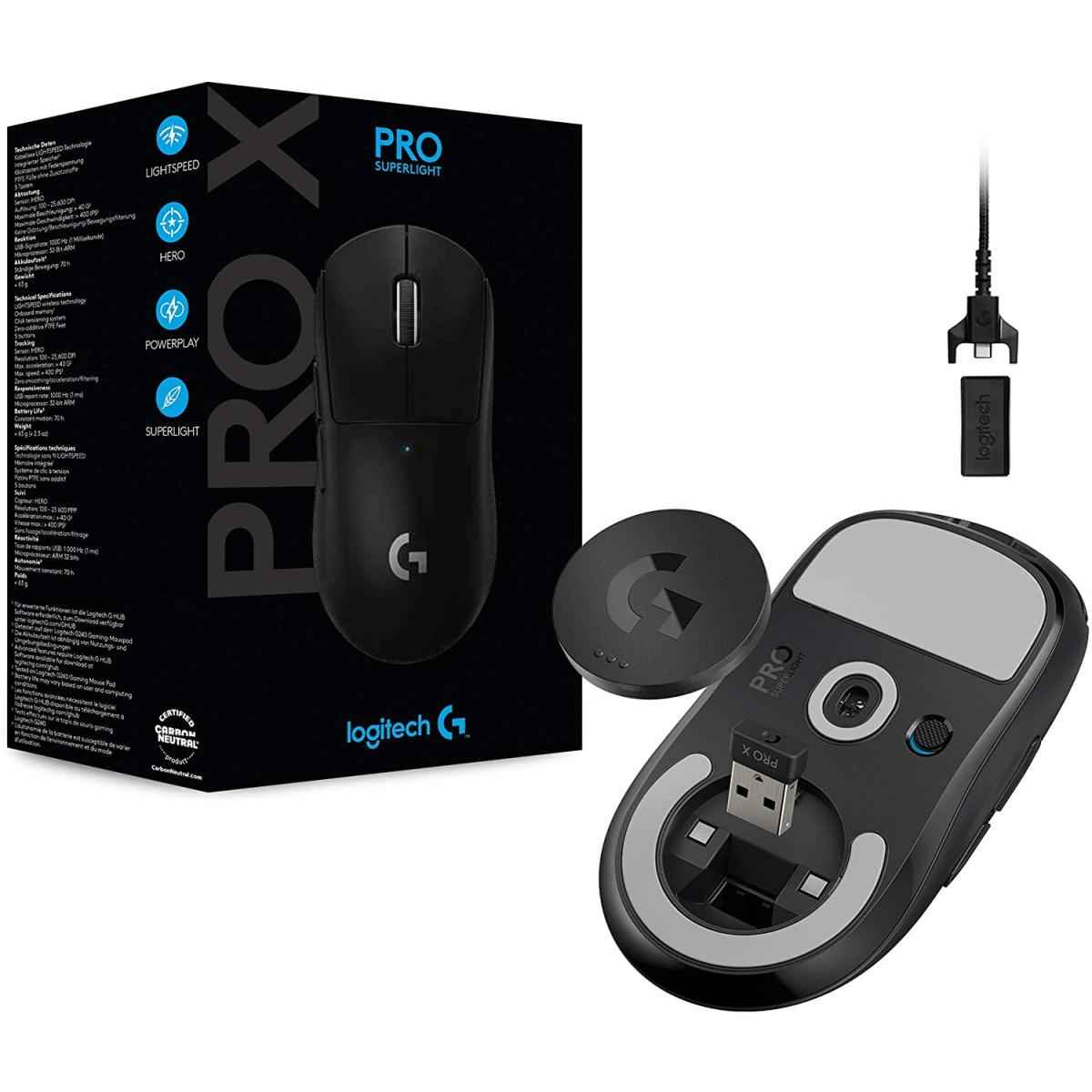 Logitech G Pro X Superlight Wireless Ultra Lightweight 63 Grams Hero 25k Sensor 25,600 Dpi 5 Buttons Black