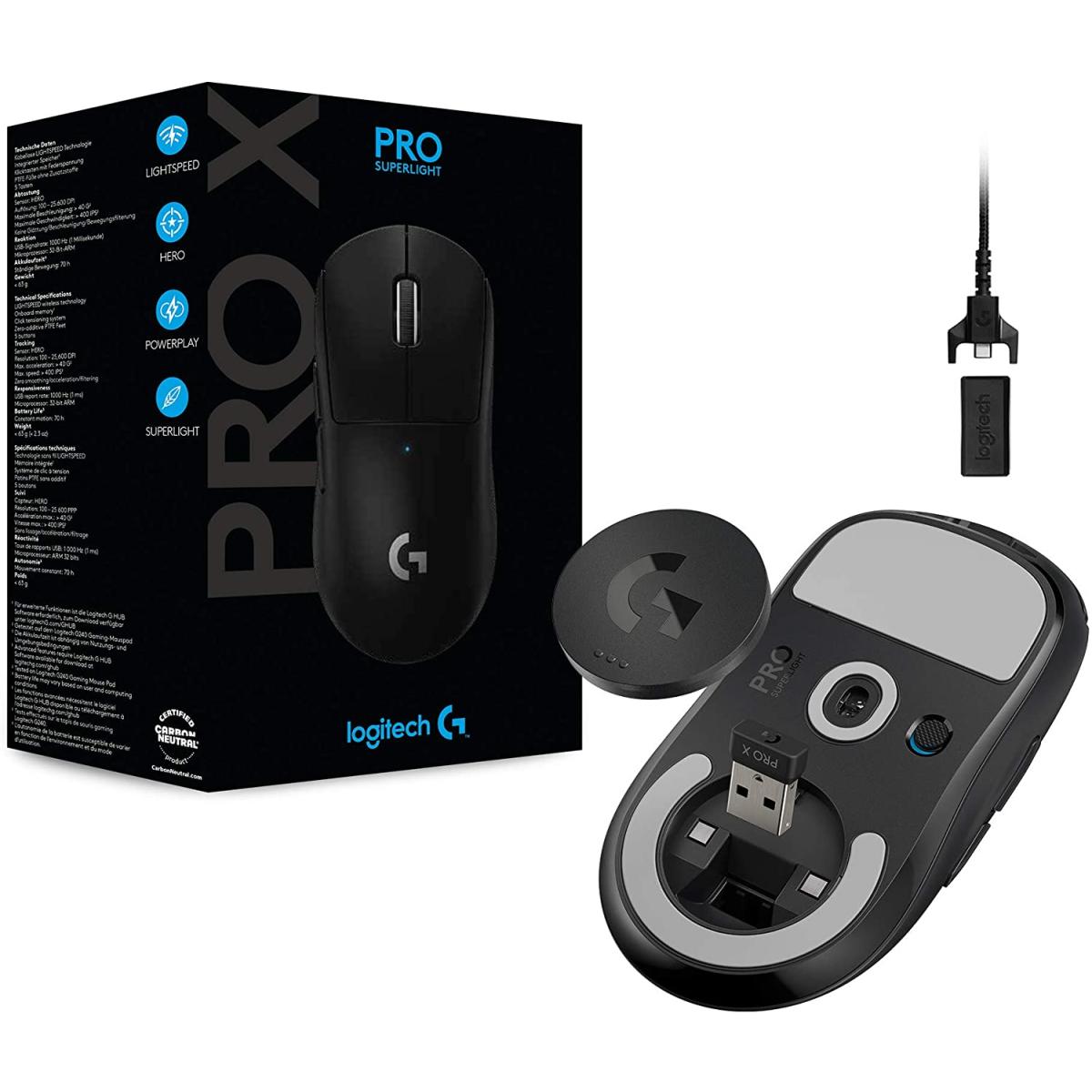 Logitech G Pro X Superlight Wireless Ultra Lightweight 63 Grams Hero 25k Sensor 25,600 Dpi 5 Buttons Black