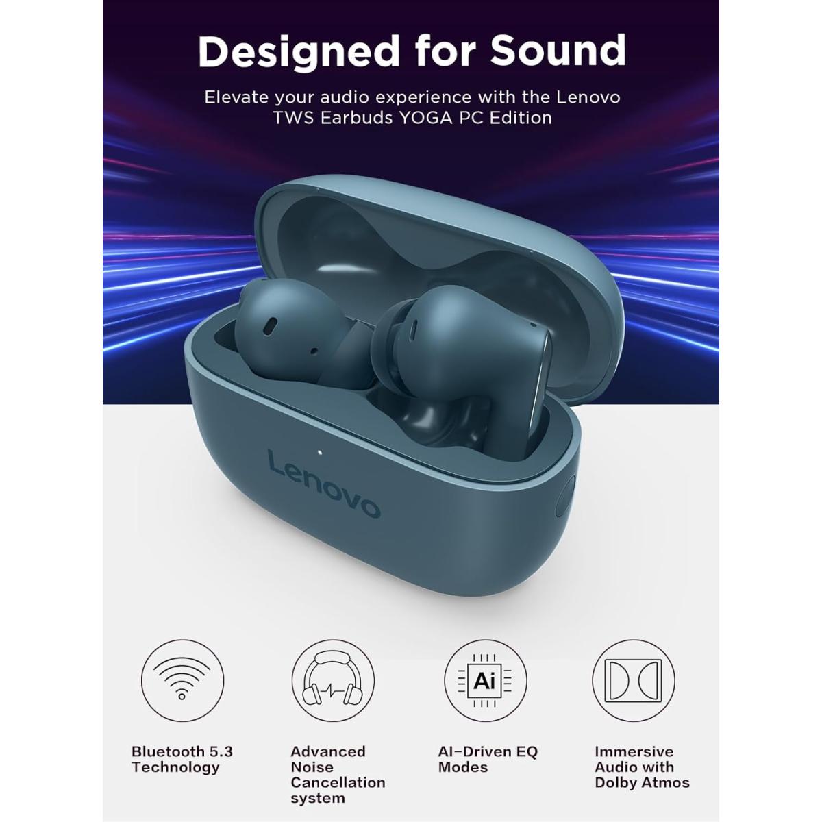 Lenovo Tws Earbuds Yoga Pc Edition Tidal Teal Aive Noise Cancellation Bluetooth 5.3 Wireless Earbuds Enc 3 Mic Clear Calls Ai Eq Mode Switch For Gaming, Movies, Music, And Meetings