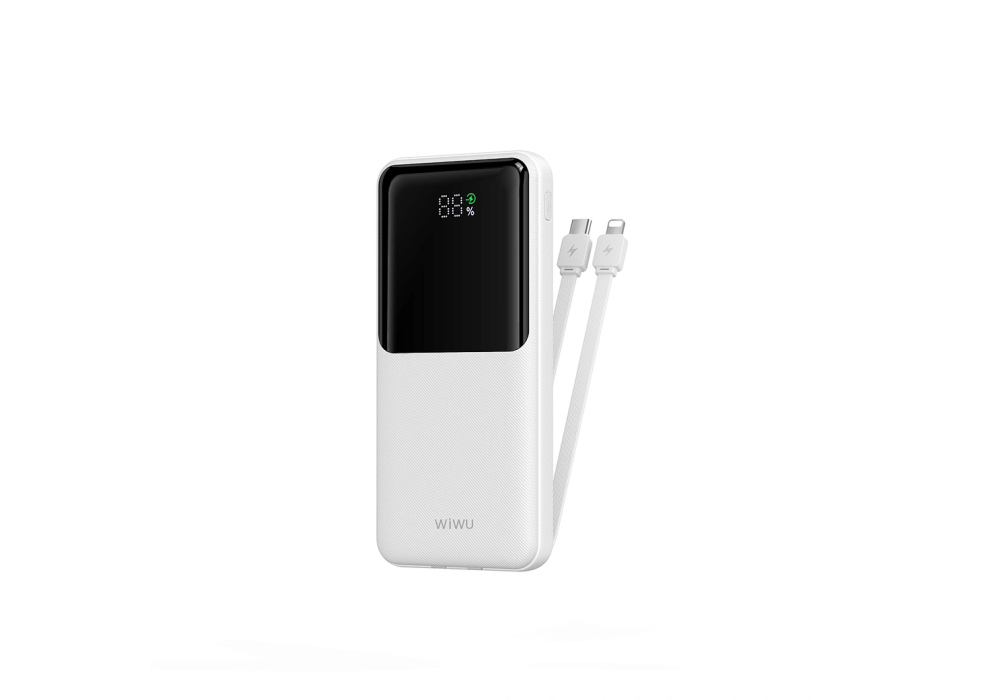 WiWU Wi-P081 Essen Series 10000mAh Power Bank 22.5W – Built-in USB-C & Lightning Cables, LED Digital Display, White - 18 Months Warranty