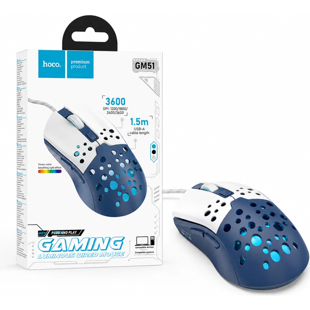 HOCO GM51 Sky Gaming Wired Mouse 3600 DPI 6-Button White/Blue