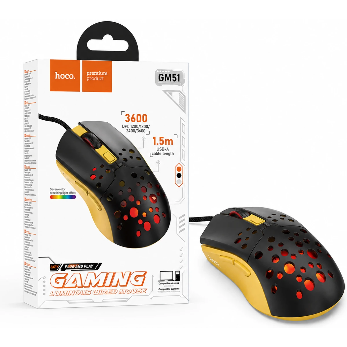 HOCO GM51 Sky Gaming Wired Mouse 3600 DPI 6-Button Black/Yellow