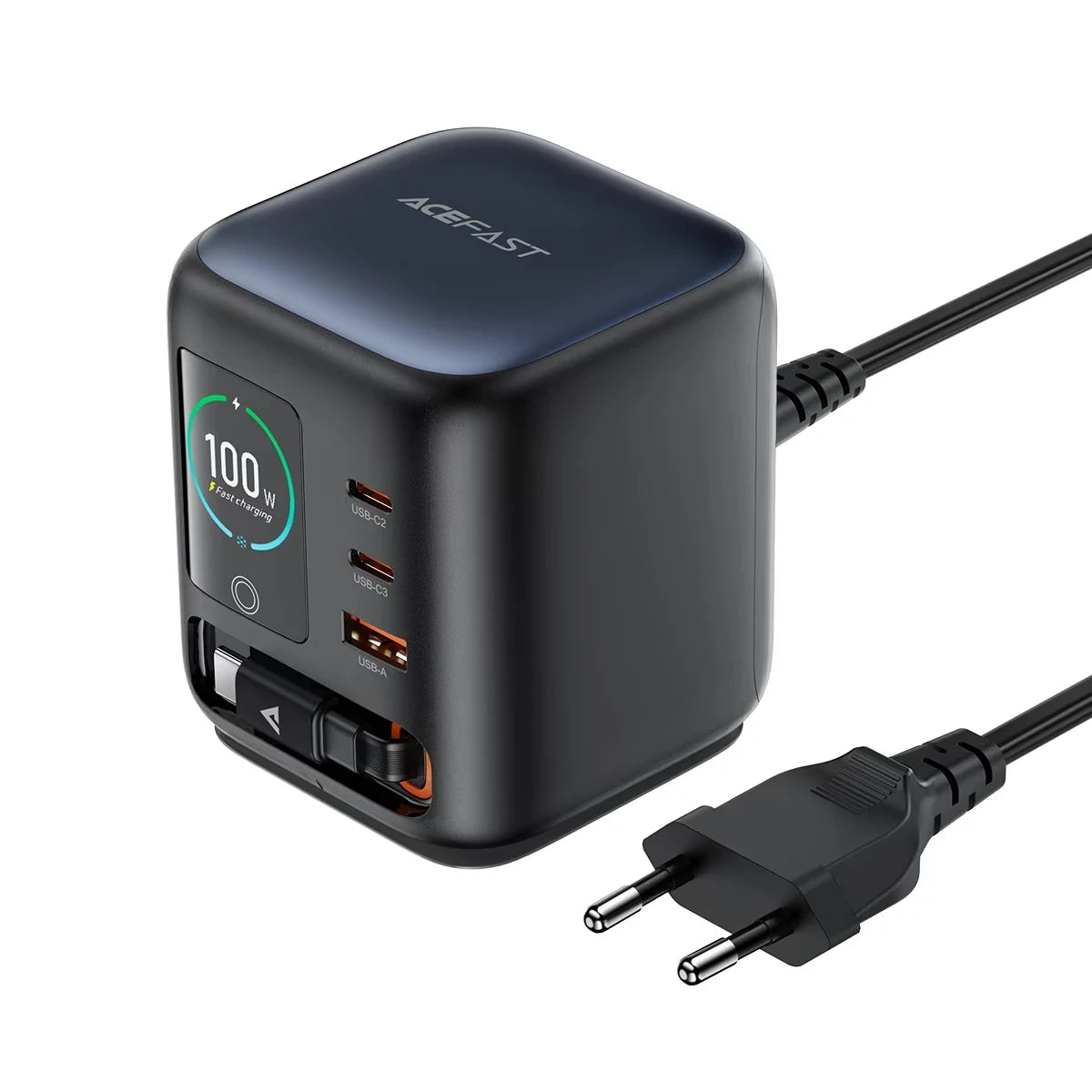 ACEFAST Z10 100W GaN Desktop Power Station with Retractable USB-C Cable & TFT Display - EU, Black