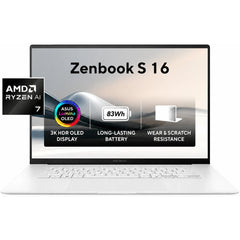 ASUS Zenbook S 16 UM5606GA-SR137W AI Laptop | AMD Ryzen AI 7 445 | 32GB LPDDR5X | 1TB SSD | 16" 3K OLED Touch 120Hz | Windows 11 Home | Scandinavian White