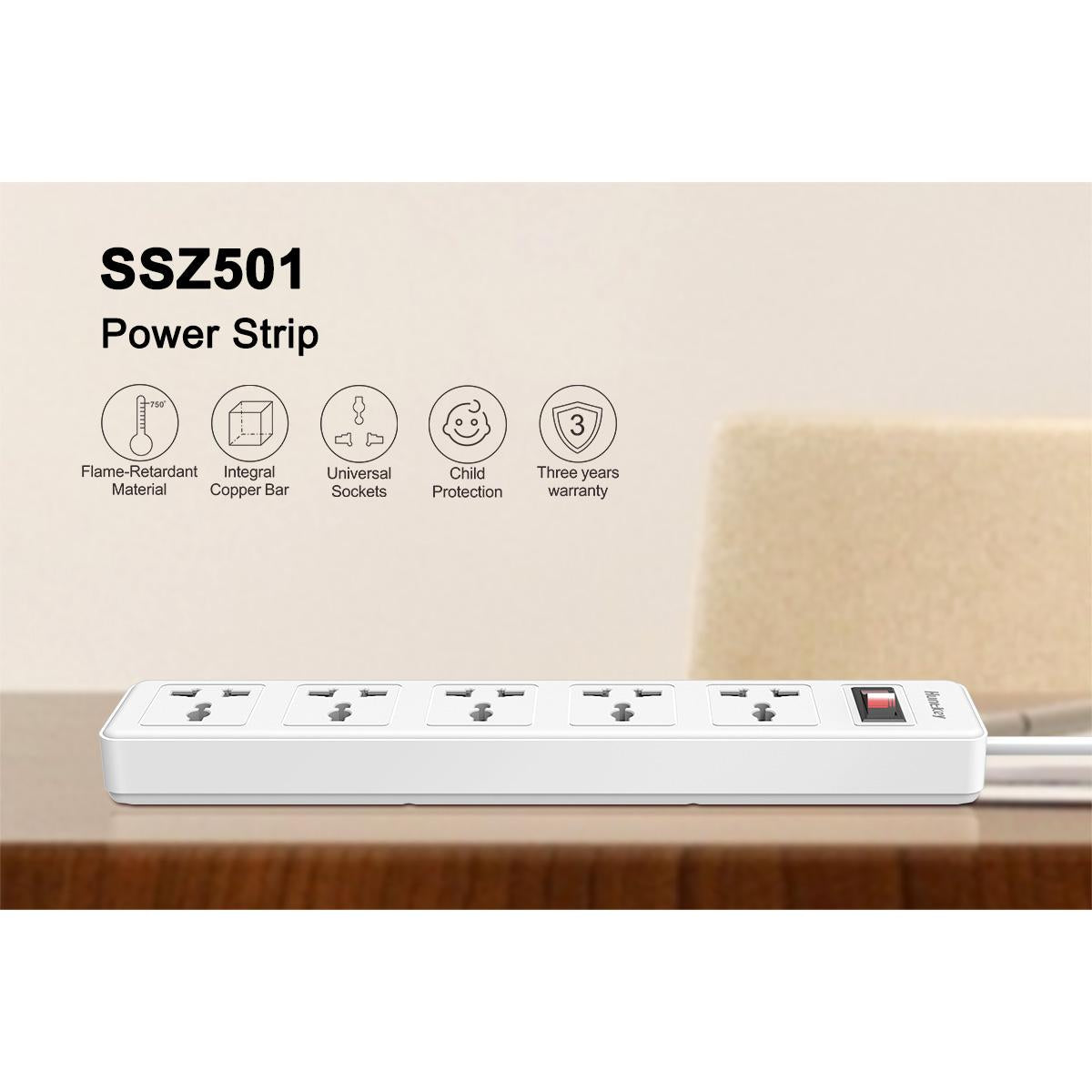 Huntkey SSZ501 Universal Power Strip 5x Outlet AC 220-240V Surge Protector 3M - White Huntkey SSZ501 Universal Power Strip 5x Outlet AC 220-240V Surge Protector 3M - White
