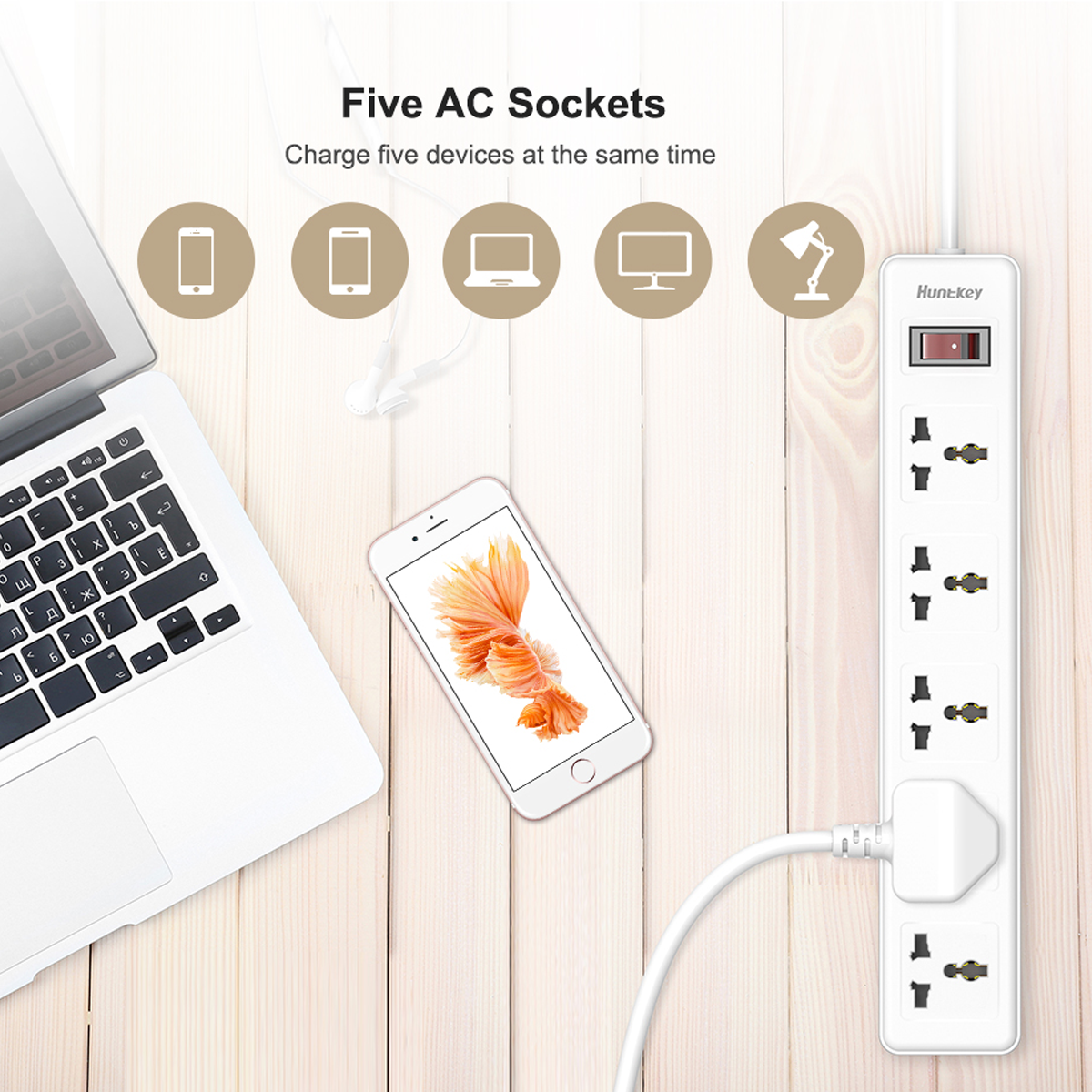 Huntkey SSZ501 Universal Power Strip 5x Outlet AC 220-240V Surge Protector 3M - White Huntkey SSZ501 Universal Power Strip 5x Outlet AC 220-240V Surge Protector 3M - White