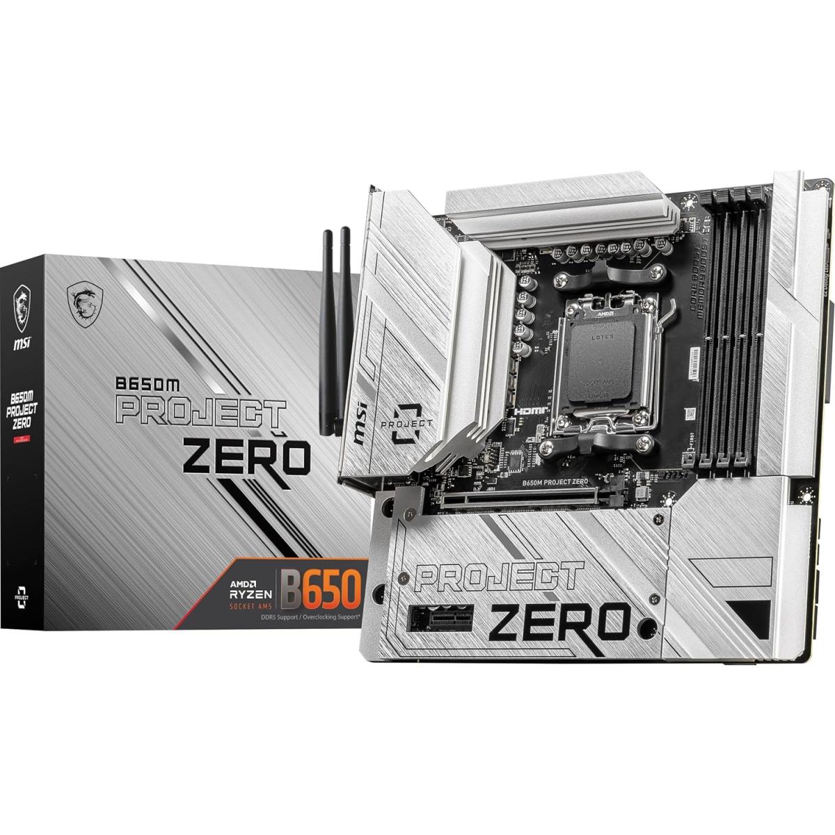 MSI B650M PROJE ZERO Wi-Fi 6E & BluetoothAM5 AMD B650 Ryzen 7000 DDR5 2x M.2 mATX Back Conne Design