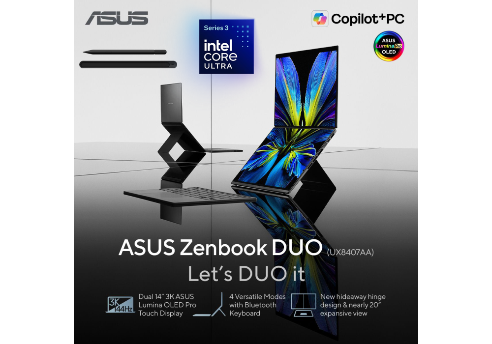 ASUS Zenbook Duo Laptop – Intel Core Ultra 9 386H, Up to 50TOPS, 32GB LPDDR5X, 2TB PCIe 4.0 SSD, 14" 3K OLED HDR True Black 1000 Touch, Wi‑Fi 7, 99Wh Battery, Stylus with Wireless Charger, Windows 11 Home - Moher Gray